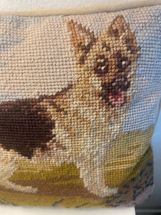 German Shepard Pillow Needlepoint Tapestry Velvet  Backing 9X 10 inches Vintage