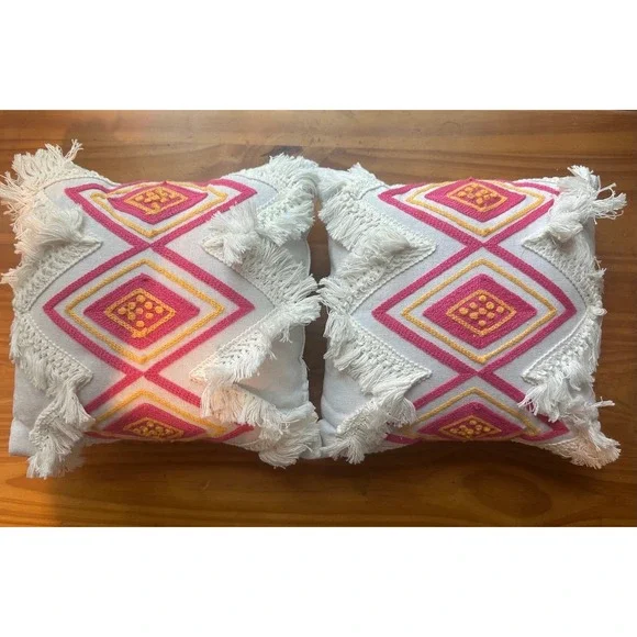 2 Boho Embroidered Pillows Fringe 7