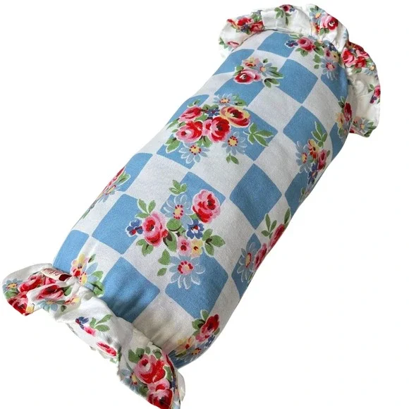 Cath Kidston London Blue Gingham Rose Floral Ruffle Bolster‎ Pillow Cottagecore