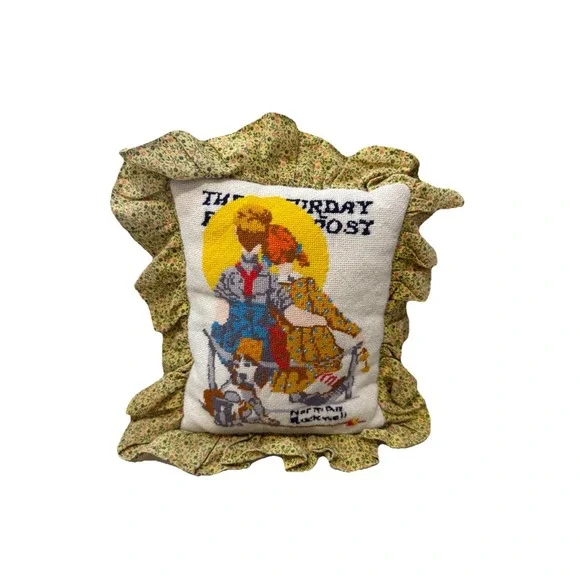 VTG Norman Rockwell Saturday Evening Post handmade Needlepoint‎ pillow  Ruffles
