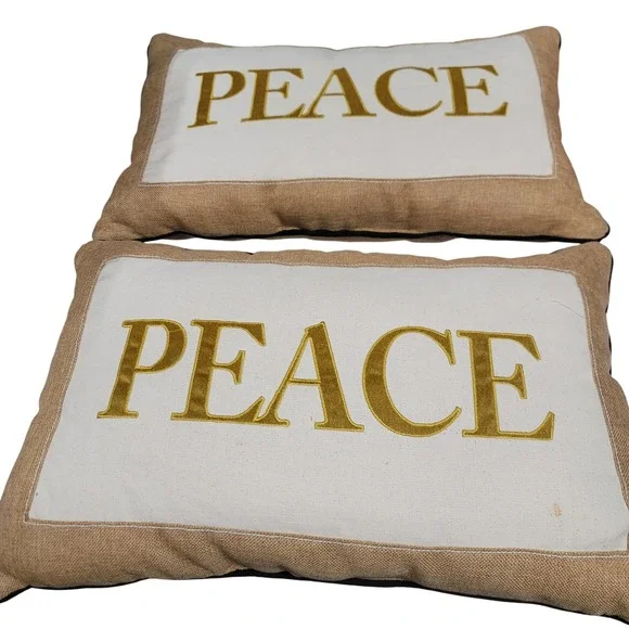 Set/2 Peace Embroidered Throw Pillow Burlap Decorative‎ Accent Cushion Farmhouse