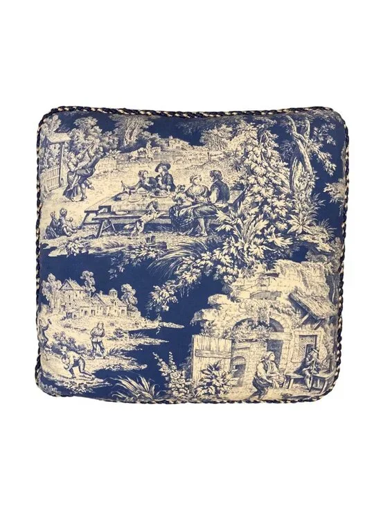 Vintage French Country Blue & White Toile Cushion Pillow With Down Fill