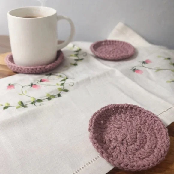 Handmade Mauve Crochet Coaster Set Vintage Hand Embroidered table topper