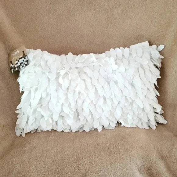 Bright White Marlo Lorenz THRO Faux Linen Fallen Leaves Feather Pillow 18