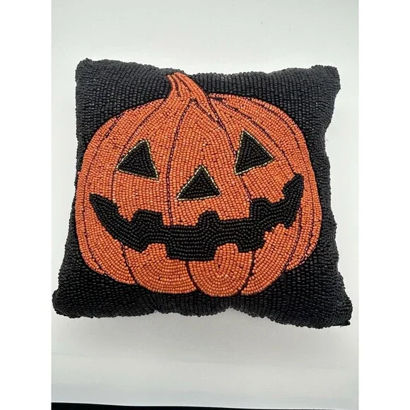 Beaded Jack O’Lantern Pumpkin Pillow 12x12 Handmade Halloween Decor Heavy