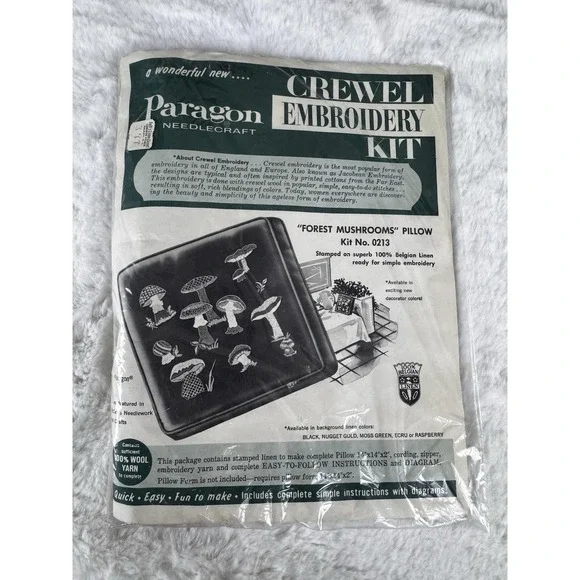 Vtg‎ Paragon Crewel Embroidery Kit 0213 Forest Mushrooms Pillow Ecru Linen New