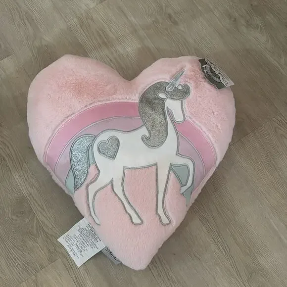 Cloud Castle pale pink furry heart pillow unicorn embroidered silver rainbow NWT