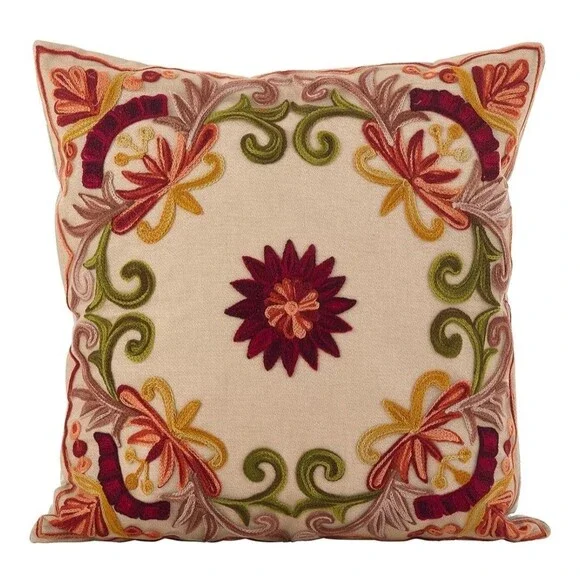 Embroidered Floral Design Cotton Poly Filled Throw Pillow