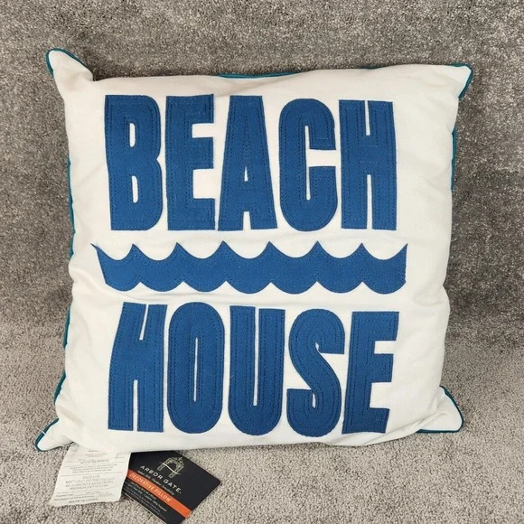 Arbor Gate Beach House Pillow White Blue Coastal Nautical Decor