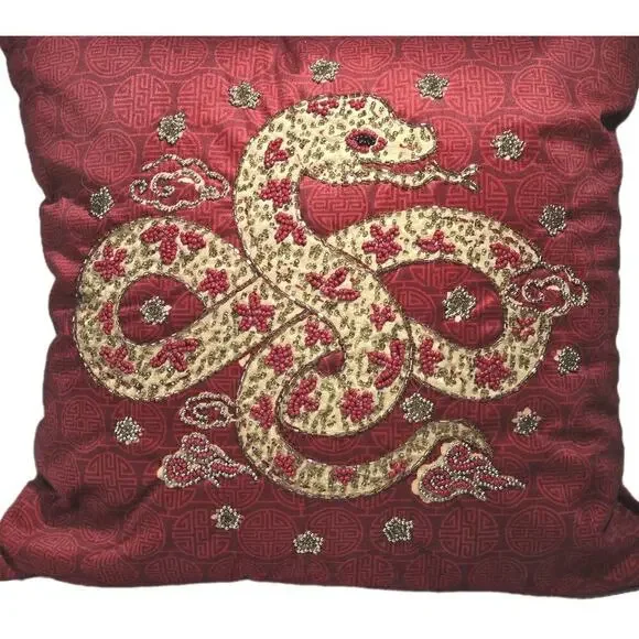 Chinese New Year 2025 Dragon Red 17 In Square GOLD Beaded Toss Pillow NWT Asian