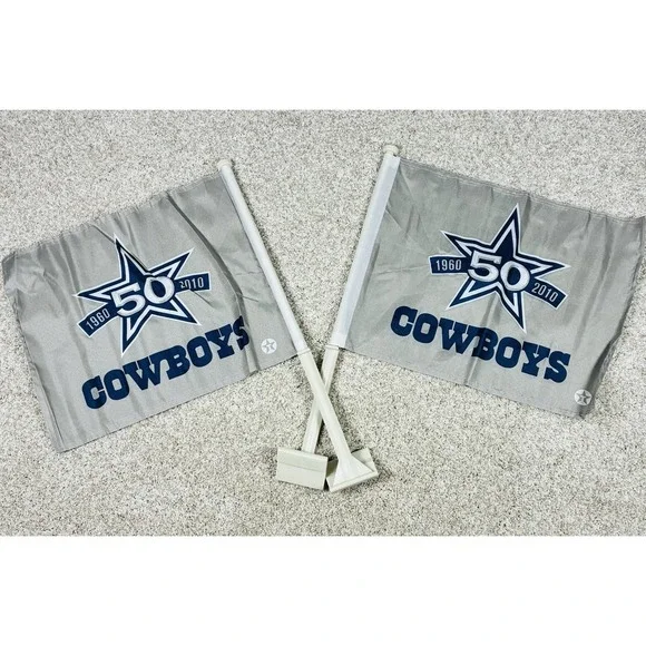 DALLAS COWBOYS Car Flags 50th Anniversary 1960-2010 NFL Team ‎ (Set Of 2) New