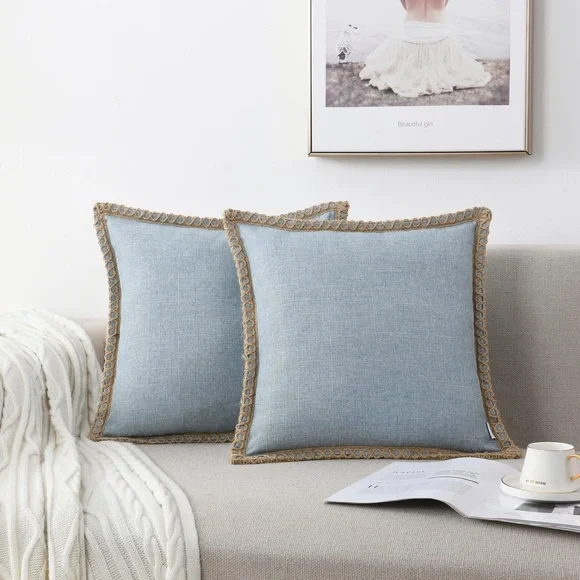 Blue LINEN Pillow Covers with Tan BURLAP Trim SQUARE 18x18” (2-Pack)
