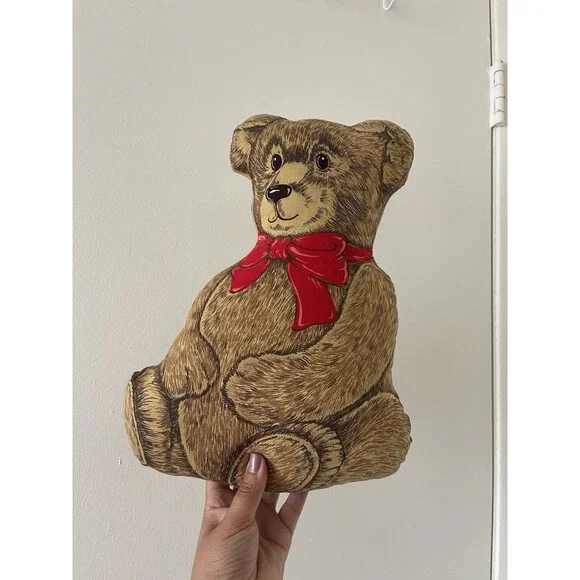 Vintage Teddy Bear Throw Pillow With Red Bow 12”