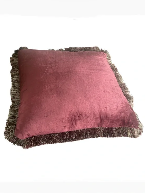 Vintage Pink Berry Velvety Pillow w Fringe