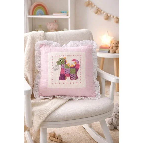 Vtg Handmade Puff the Magic Dragon Cross-stitch Pillow‎ Pink White Lace 13x13