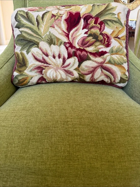 Floral needlepoint Throw Pillow in Red, Burgundy, Cream, Beige, Pink and Green