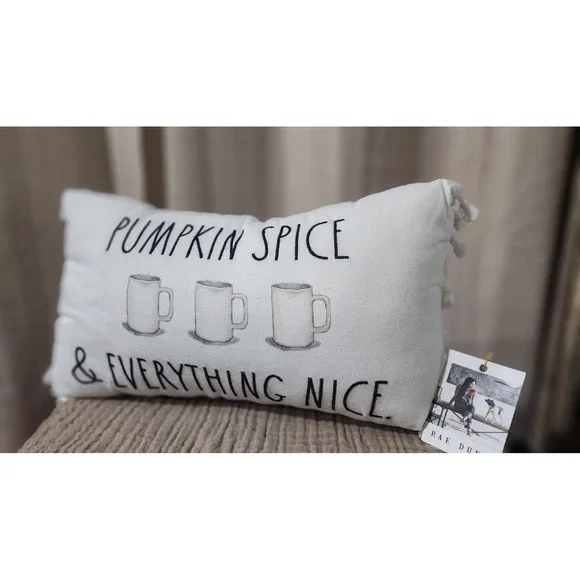 Rae Dunn Pumpkin Spice & Everything Nice Lumbar Pillow Cream Tassel Fall Decor