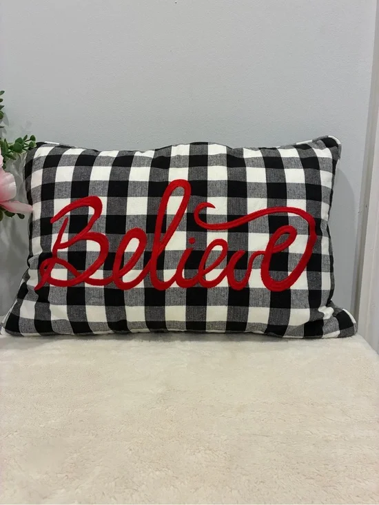 'Believe' Plaid Accent Pillow in Black, White & Red