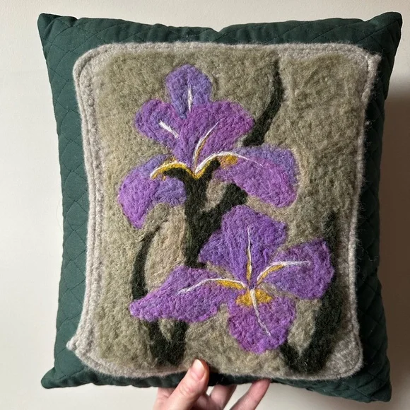 Felted Wool Iris Throw Pillow Botanical Handmade Bohemian