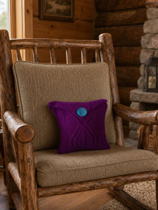 Hand Crafted Knit Throw Pillow Cable Purple w/ Hand Painted Button Home Dec…