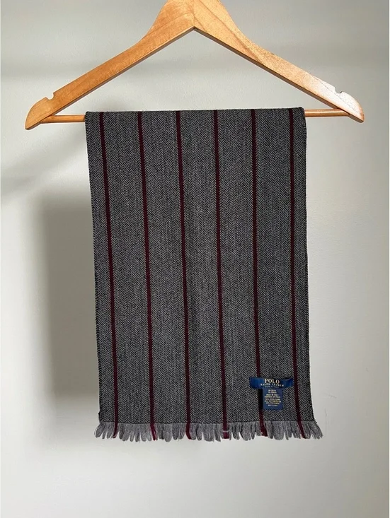 Polo Ralph Lauren Italy Wool Blend Scarf Gray Burgundy Stripe Fringe 72 x 12