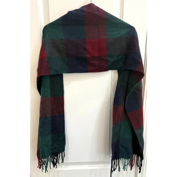 Nordstrom Red Blue Plaid Scarf 100% Cashmere 12x64 Fringe Made in Germany