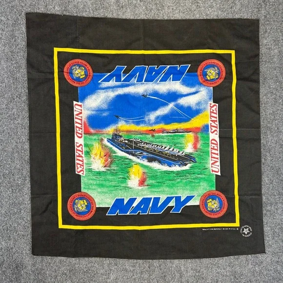 Vintage US Navy Bandana Aircraft Carrier Fighter Jet Black USA Made Cotton Poly
