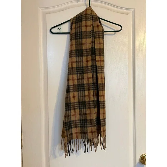 Jos. A. Bank Scarf Mens OS Tan Good 100% Cashmere Plaid Fringe Winter Accessory