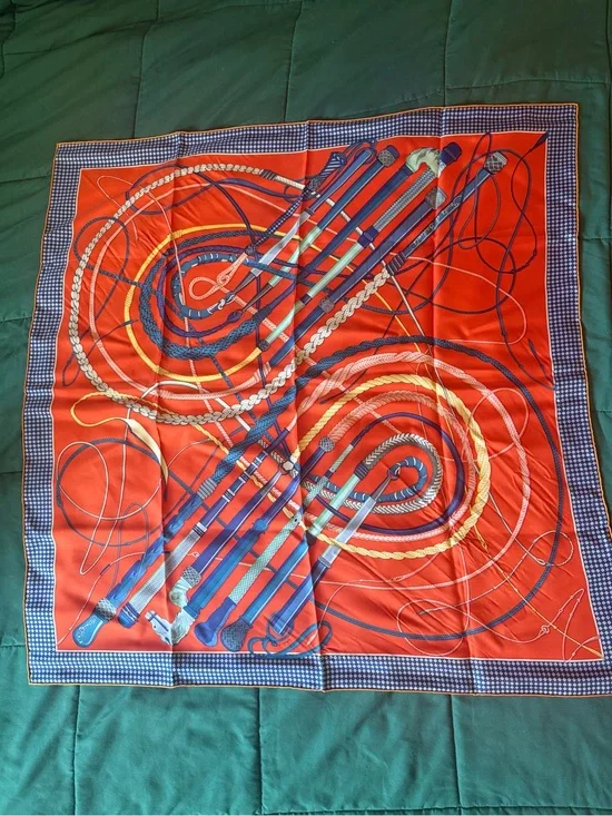 Hermes Bold Red Nautical Rope Print Silk Scarf