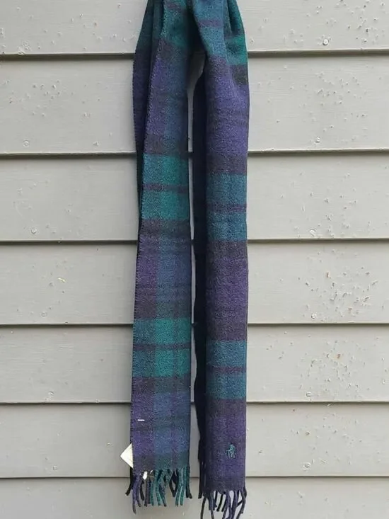Polo Ralph Lauren 100% Lambswool Green Black Plaid Scarf NWT