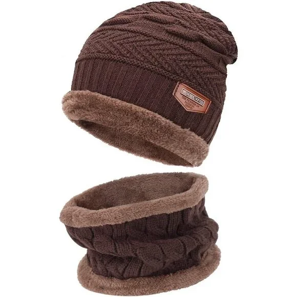 Men's Coffee Winter Warm Knit Thick Fleece Lined Skull Beanie Hat Scarf Set