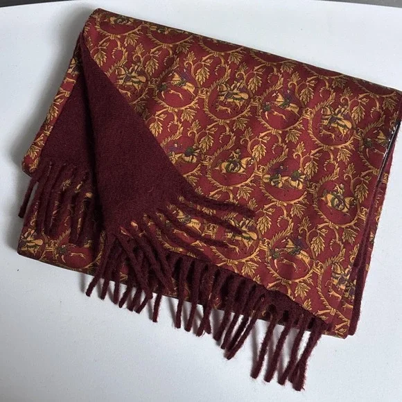 Salvatore Ferragamo Silk Cashmere Winter Scarf Mens Red Gold Italy Equestrian‎