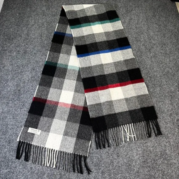 Ireland John Hanly Lambswool Plaid Scarf Black White Red Green Blue Fringe