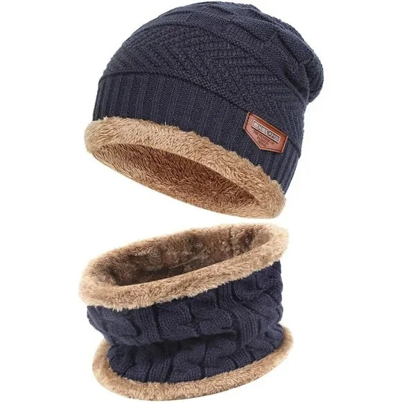 Men's Navy Blue Winter Warm Knit Thick Fleece Lined Skull Beanie Hat Scarf Set