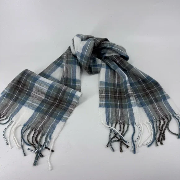 James Pringle‎ Weavers Blue and Gray Tartan Scarf with Fringed Ends