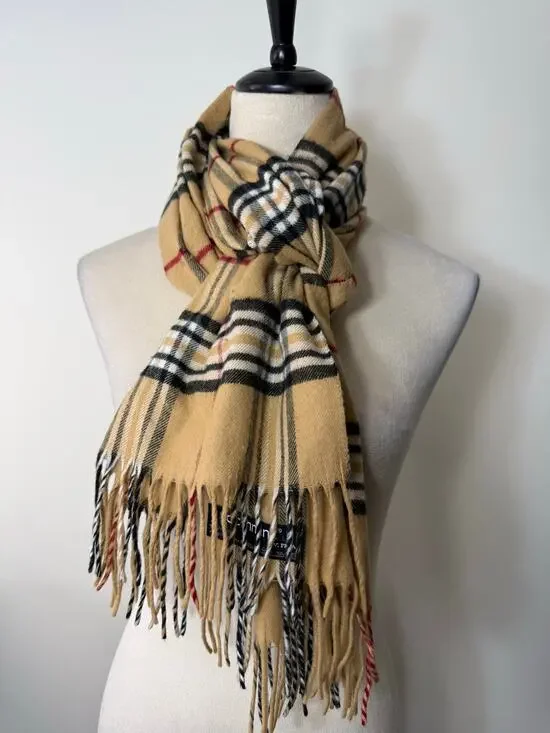 Cashmink by V. Fraas Plaid Scarf Camel Nova Check Fringe Made in Germany