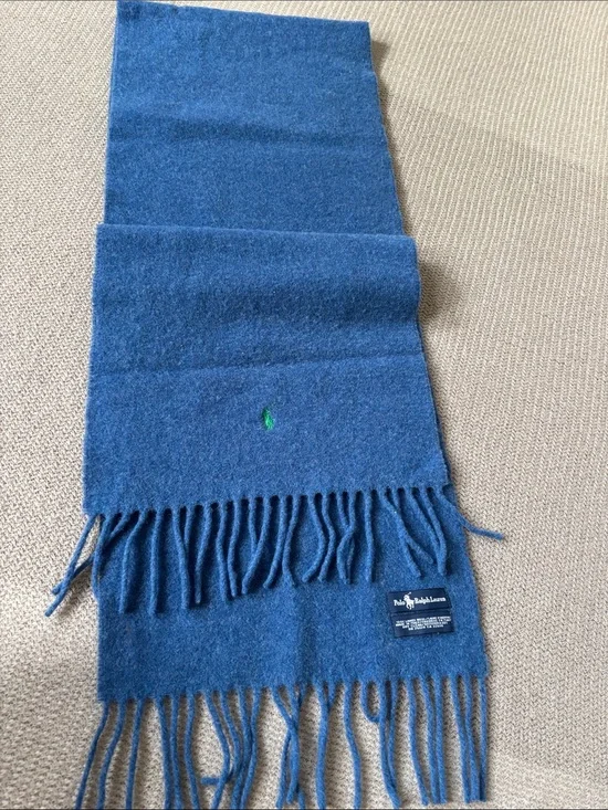 Polo by Ralph Lauren Blue Wool Fringe Scarf with Green Pony