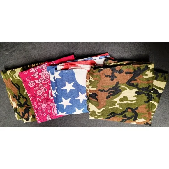 Set of 4 Cotton Bandanas - Red Paisley, USA Flag, Camo for Bikers, 22