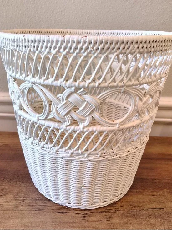 Vtg MCM Wicker Rattan Trash Can White Waste Basket Beachy Coastal Cottage