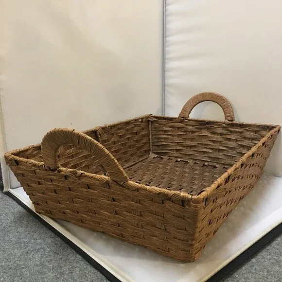 Woven Storage Basket Home OS Brown Rectangular Handle Tray Cottagecore Farmhouse