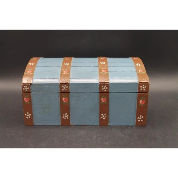 Hand Painted Wooden Treasure Chest Folk Art Storage Box Blue Heart Floral