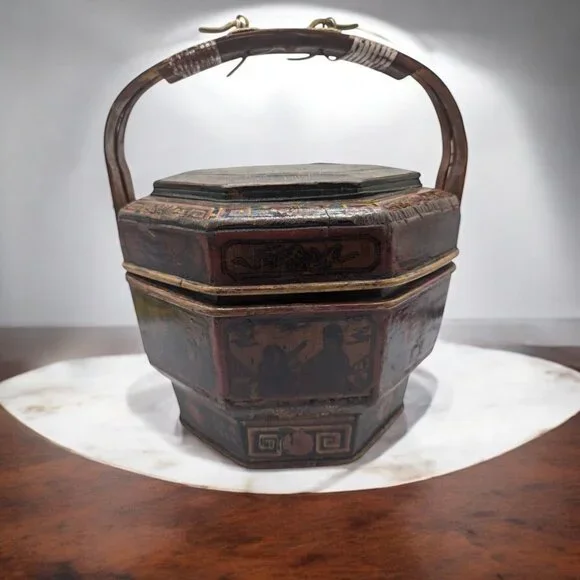 Antique Chinese Bamboo Wedding Basket Box Laquer Finsh Brass Handle