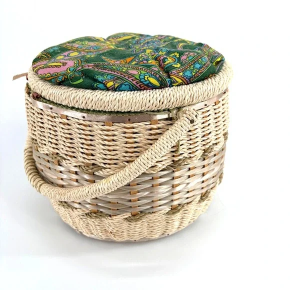 Vintage 1960s Sewing Woven Basket Green Pink  Paisley Fabric Handle Tray Japan