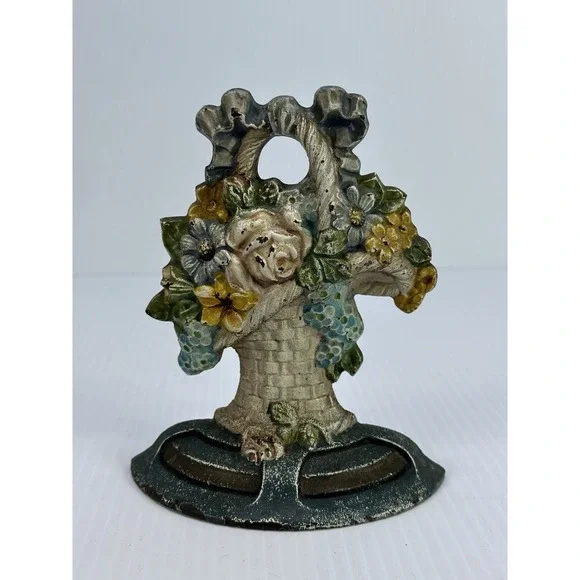 Antique‎ Cast Iron BASKET of FLOWERS Doorstop Decorative Art Statue