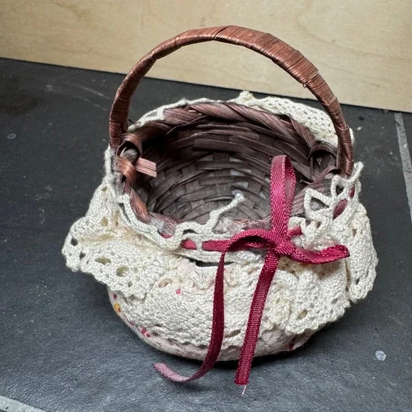 Miniature Woven Basket Crochet Lace Trim Floral‎ Fabric Burgundy Ribbon Easter