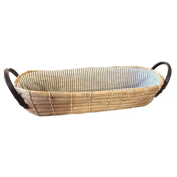 VNTG Woven Bread‎ Basket W/Leather Handles w/ Special Gold Accent Insert 16