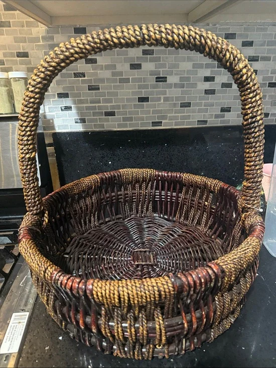 Woven Decorative Round Handle Basket in Brown and Tan