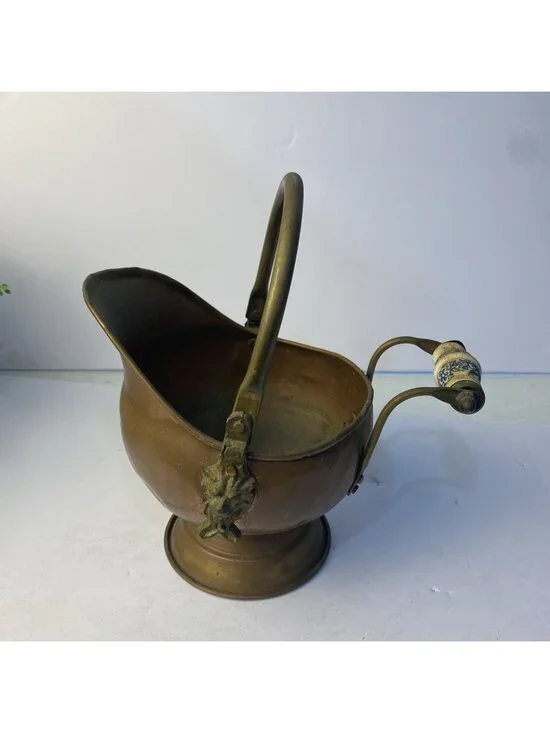 Vintage Copper Brass Coal Scuttle Bucket Delft Handle Lion Head Small