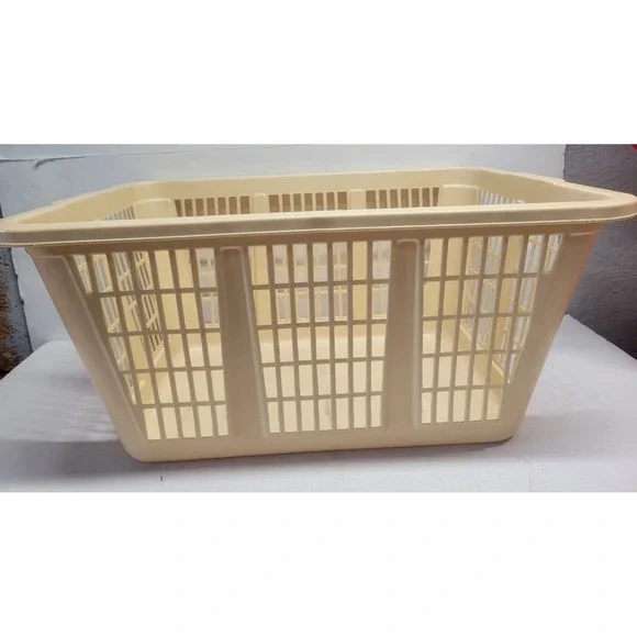 Vintage Cream Plastic Laundry Basket Rectangular Ventilated Storage Bin 23x17x10