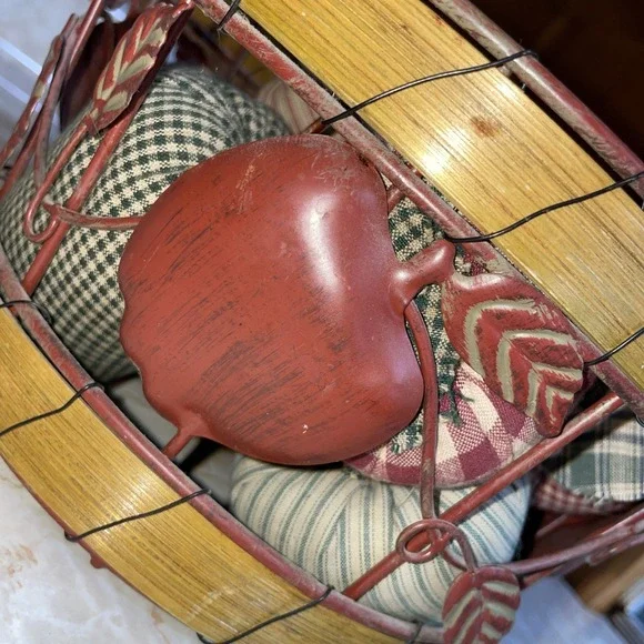 Wood And Metal Basket 🧺 of Homespun Fabric Apples Autumn Fall‎